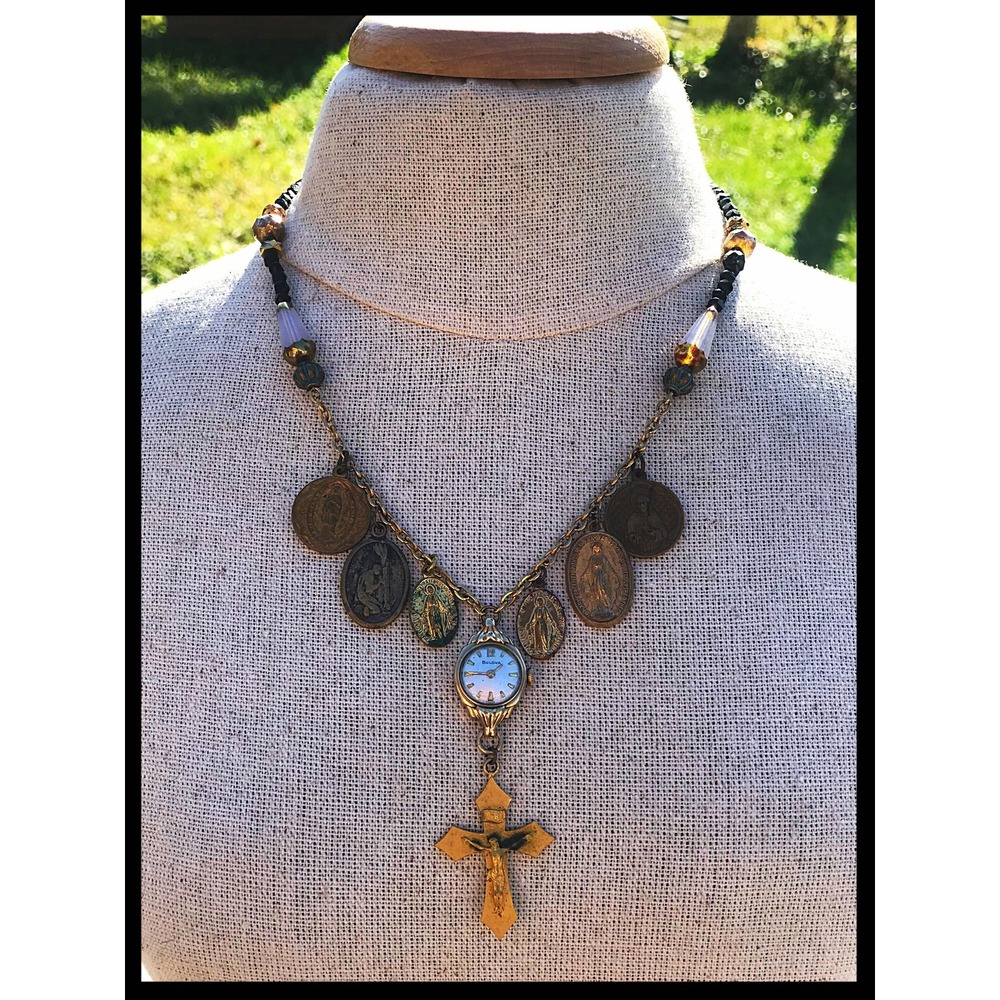 Upcycled Religious Medallion & Vintage Watch Charm Necklace Earring Set - Picture 2 of 5